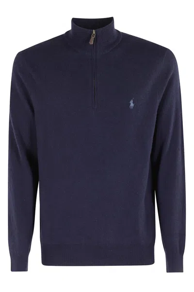 Polo Ralph Lauren High Collar Wool Pullover With Zipper In Blue