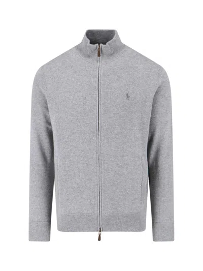Polo Ralph Lauren High Collar Zip-up Polo Sweater With Ribbed Finishes In Gray