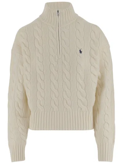 Polo Ralph Lauren High Neck Wool And Cashmere Sweater With Cable Knit Design In Neutral