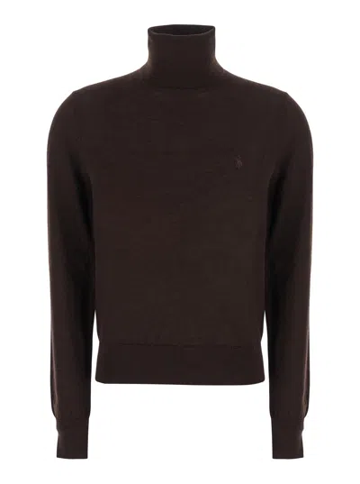 Polo Ralph Lauren High-neck Wool Sweater With Tone-on-tone Pony Logo In Brown