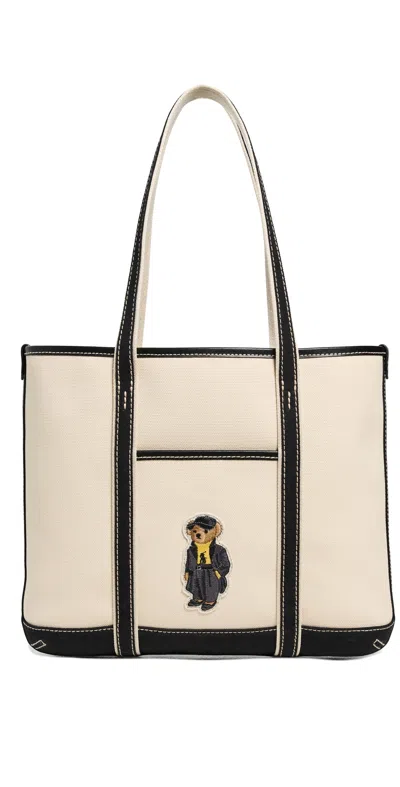 Polo Ralph Lauren Holiday Bear Small Shopper Tote Ecru/black In Multi