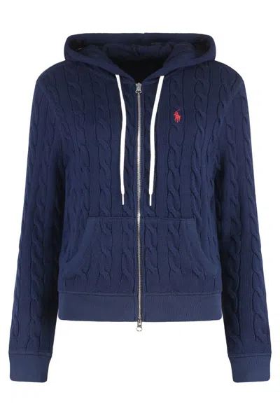 Polo Ralph Lauren Cable Knit Hooded Cardigan Pockets In Blue
