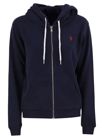 Polo Ralph Lauren Hooded Fleece Zip-up Top With Embroidered Logo In Blue