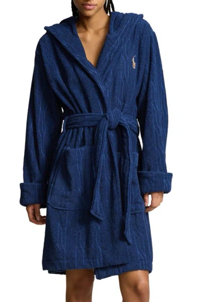 Polo Ralph Lauren Hooded Jacquard Dressing Gown In Navy