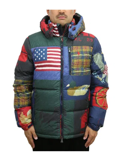 Pre-owned Polo Ralph Lauren Hooded Puffer Down Jacket Coat - Patchwork With Usa Flag In Multicolor