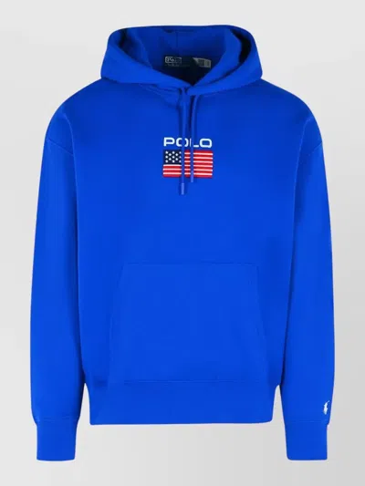 Polo Ralph Lauren Hooded Sweater Drawstring Kangaroo Pocket Ribbed In Blue