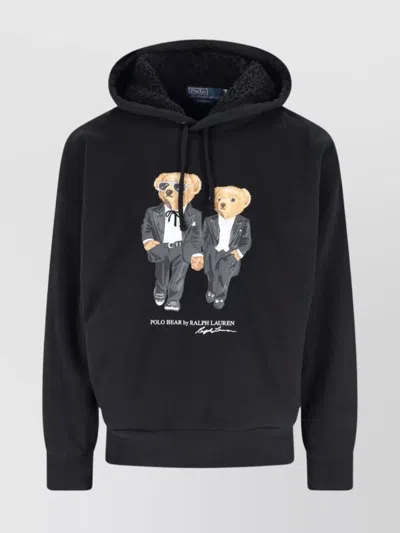 Polo Ralph Lauren Hooded Sweatshirt Featuring Bear Graphic And Ribbed Cuffs In Black