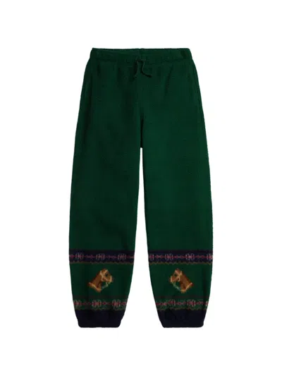 Polo Ralph Lauren Kids' Horsey Fair Isle-intarsia Fleece-texture Track Pants In Green