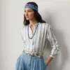 Polo Ralph Lauren Silk Mandarin Collar Shirt With Vertical Stripes In Cream/cornflower