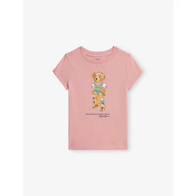 POLO RALPH LAUREN GIRLS' BEAR-PRINT SHORT-SLEEVE COTTON T-SHIRT PINK