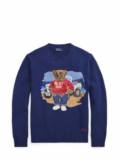 Polo Ralph Lauren Intarsia-knit Crewneck Sweater With Polo Bear Design In Blue