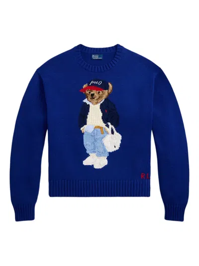 Polo Ralph Lauren Intarsia-knit Embroidered Polo Bear Crewneck Sweater In Blue