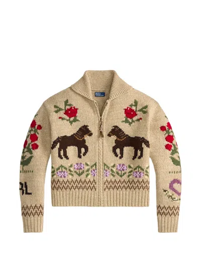 Polo Ralph Lauren Intarsia Wool And Cotton Zip-up Cardigan In Brown