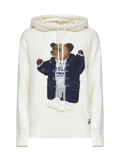 POLO RALPH LAUREN IVORY KNIT POLO BEAR HOODED SWEATER