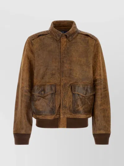 Polo Ralph Lauren Jacket Leather Collar Pockets Ribbed Cuffs Hem In Brown