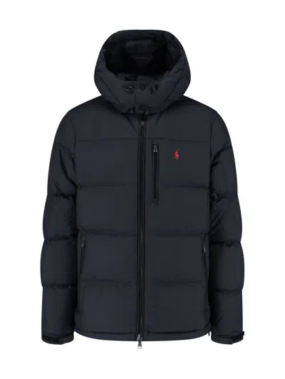Polo Ralph Lauren Blue Down Jacket With Fixed Hood And Embroidered Pony Logo On Chest In Tech Fabric Man