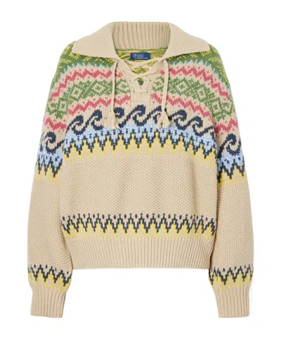 Polo Ralph Lauren Cotton Wool Blend Long Sleeve Tie Pullover Tan Multi In Neutral