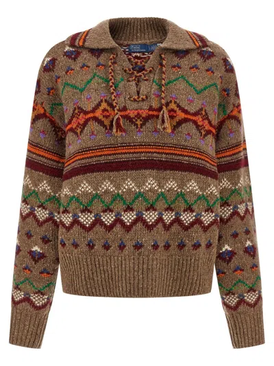 Polo Ralph Lauren Jacquard Patterned Wool Sweater With Lace-up V-neck In Brown