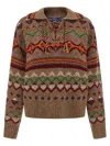 Polo Ralph Lauren Jacquard Patterned Wool Sweater With Lace-up V-neck In Brown