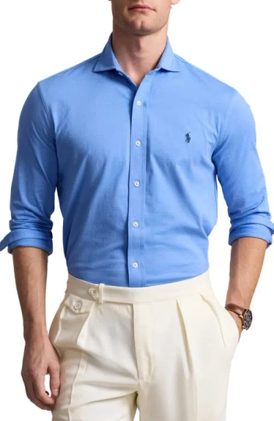 Polo Ralph Lauren Jersey Knit Button-up Shirt In Blue