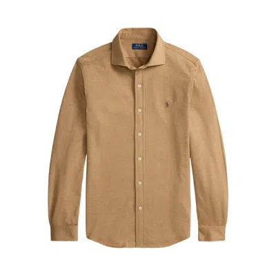 Pre-owned Polo Ralph Lauren Jersey Knit Jacquard Pattern Sport Shirt 'classic Camel/heather Herringbone' | Tan In Brown