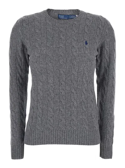 POLO RALPH LAUREN 'JULIANNA' GREY SWEATER WITH ROUND NECK AND PONY EMBROIDERY ON THE FRONT IN WOOL AND CASHMERE WOMAN
