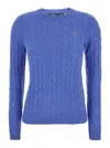 POLO RALPH LAUREN 'JULIANNA' LIGHT BLUE CABLE KNIT SWEATER WITH LOGO ON THE FRONT  IN WOOL WOMAN