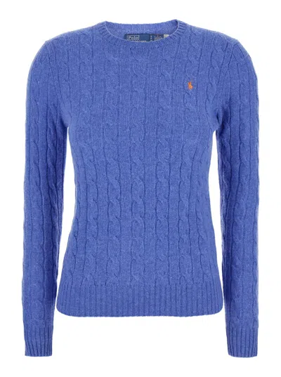 Polo Ralph Lauren Julianna Light Blue Cable Knit Sweater With Logo On The Front In Wool Woman