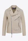 Polo Ralph Lauren Asymmetrical Front Zipper Leather Biker Jacket In Sand