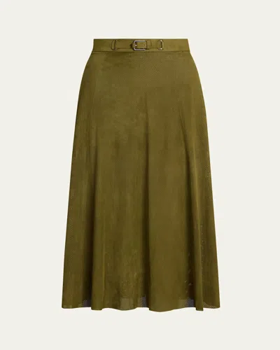 Polo Ralph Lauren Kensley Perforated Suede Midi Skirt In Green