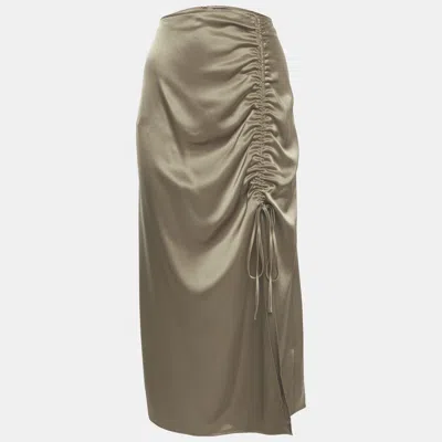 Pre-owned Polo Ralph Lauren Khaki Satin Ruche Midi Skirt L In Sand