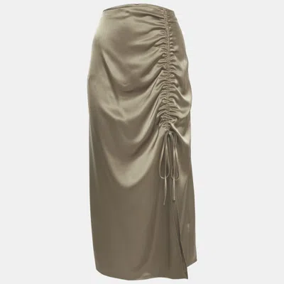 Pre-owned Polo Ralph Lauren Khaki Satin Ruche Midi Skirt M In Brown