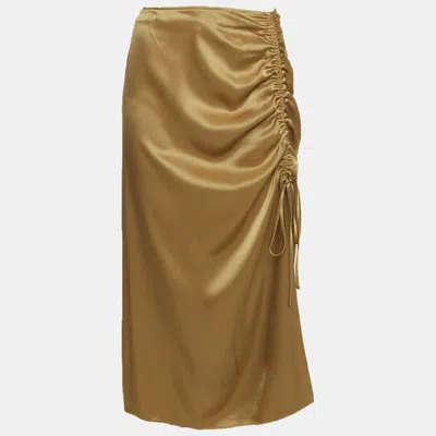 Pre-owned Polo Ralph Lauren Khaki Satin Ruched Slit Detail Midi Skirt S In Brown