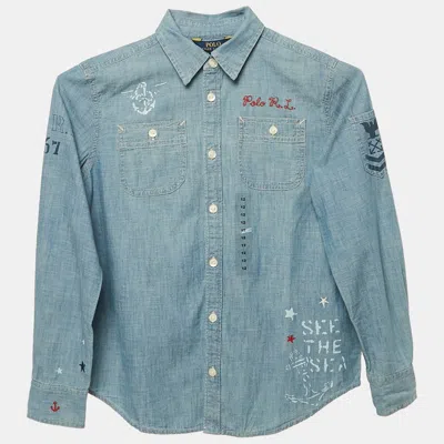 Pre-owned Polo Ralph Lauren Kid Blue Sea Print Denim Shirt 12 Yrs