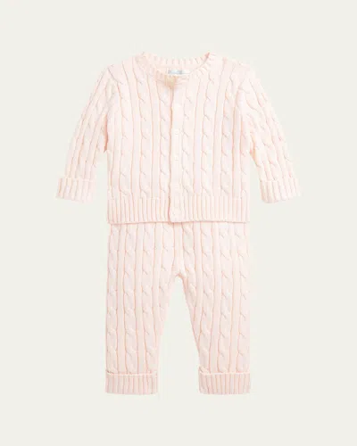 Polo Ralph Lauren Kid's Cotton Cable Knit Sweater & Pants Set In Morning Pink