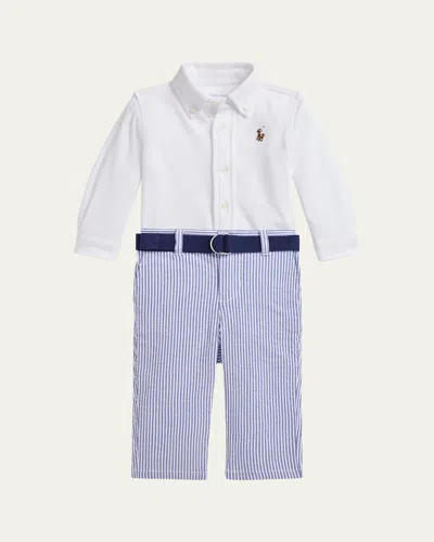 Polo Ralph Lauren Kid's Cotton Shirt & Seersucker Belted Pants Set In White