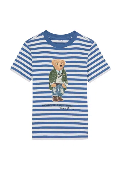 Polo Ralph Lauren Kids Bear In Paris Striped Cotton T-shirt (1.5-6 Years) In Blue