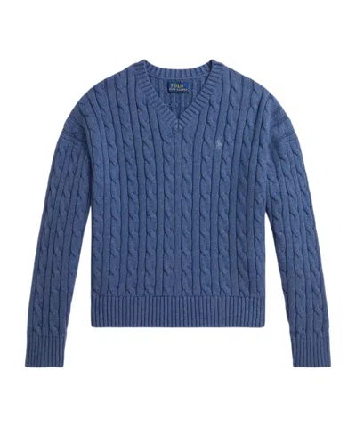 Polo Ralph Lauren Kids Cable Knit V-neck Knitted Jumper In Blue