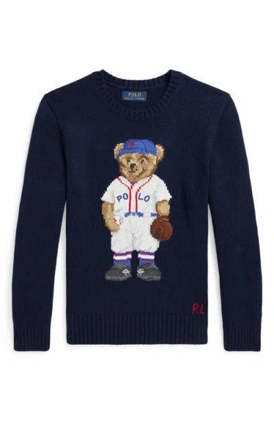 Polo Ralph Lauren Kids' Intarsia Baseball Bear Cotton Crewneck Sweater In Refined Navy