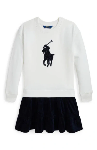 Polo Ralph Lauren Kids' Mixed Media Appliqué Long Sleeve Graphic Sweatshirt Dress In Deckwash White/navy