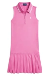Polo Ralph Lauren Pleated Stretch Mesh Polo Dress In Laguna Pink W/white