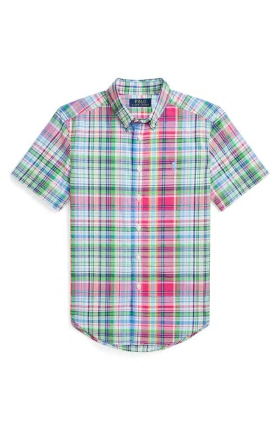 POLO RALPH LAUREN POLO RALPH LAUREN KIDS' PLAID SHORT SLEEVE COTTON POPLIN BUTTON-DOWN SHIRT