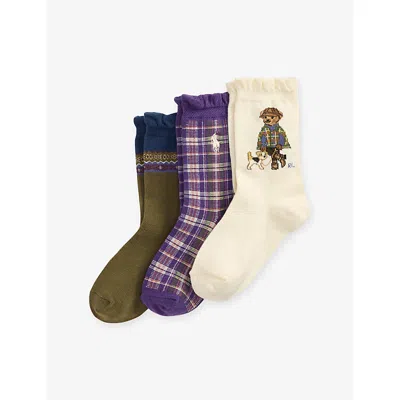 Polo Ralph Lauren Kids' Polo Bear Pack Of Three Cotton-blend Socks In Green