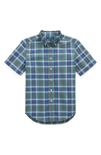 Polo Ralph Lauren Kids' Short Sleeve Plaid Cotton Button-down Oxford Shirt In Blue