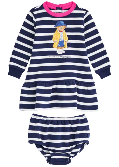 Polo Ralph Lauren Kids Striped Logo Cotton-blend Dress In Navy