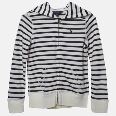Pre-owned Polo Ralph Lauren Kids White/blue Striped French Terry Hoodie 8-10 Yrs