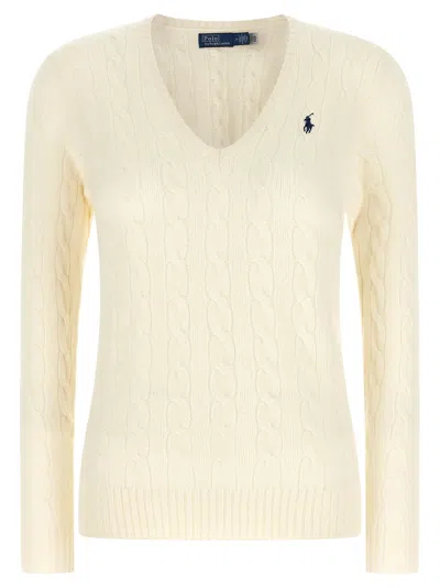 Polo Ralph Lauren Slim Fit V-neck Wool Jumper With Embroidered Pony Logo In White