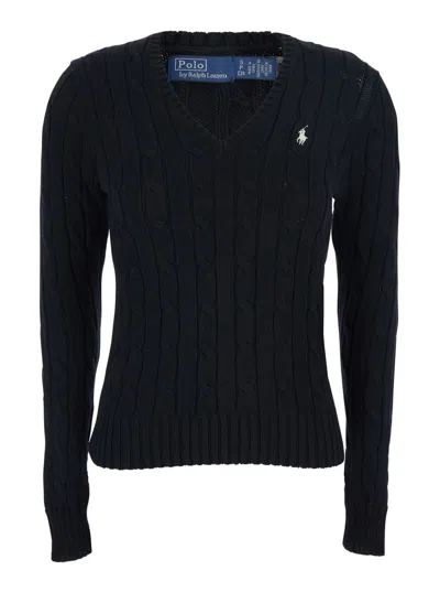 Polo Ralph Lauren 'kimberly' Black V-neck Sweater With Pony Embroidery On The Front In Wool Woman