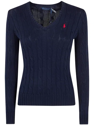 Polo Ralph Lauren Slim Fit V-neck Wool Jumper With Embroidered Pony Logo In Blue