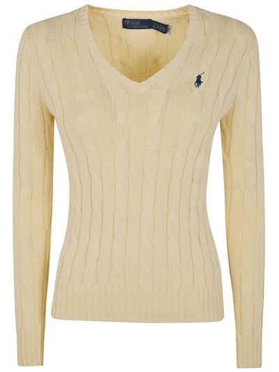 Polo Ralph Lauren Cotton Cable Sweater V Neck Ribbed Trims In Gold